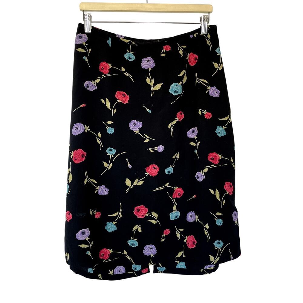 Hillard & Hanson black floral midi skirt side zip L rayon made in USA FLAWS